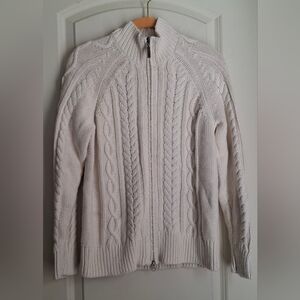 EDDIE BAUER Women's White Cotton Poly Wool Zipped Cotton Sweater Cable Knit Med